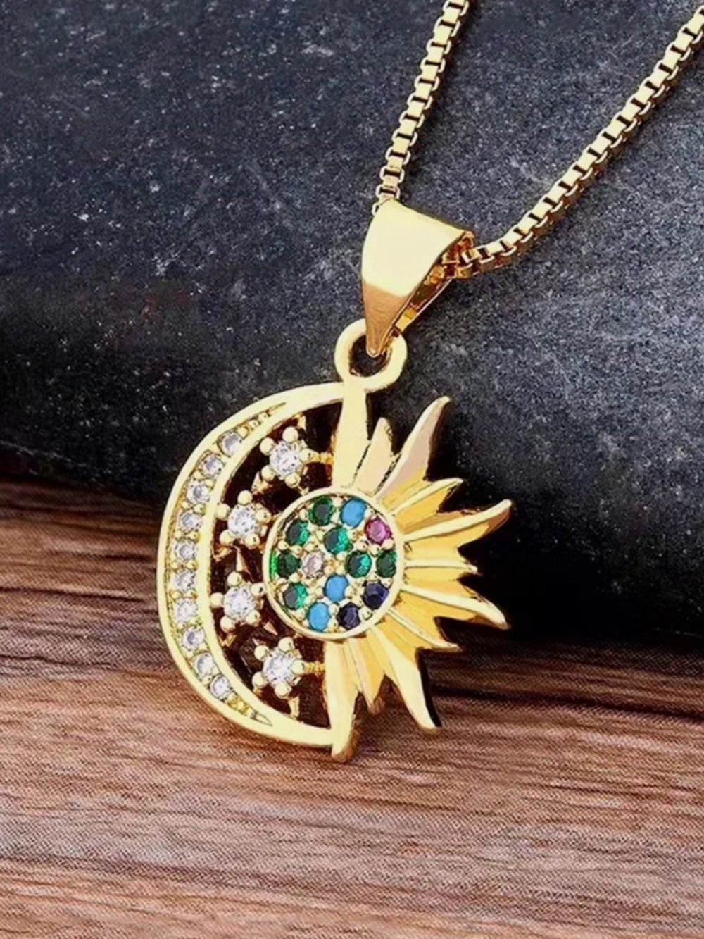 Women's Fashion Jewelry Cubic Zircon Gold Sun Moon Pendant Necklace 583